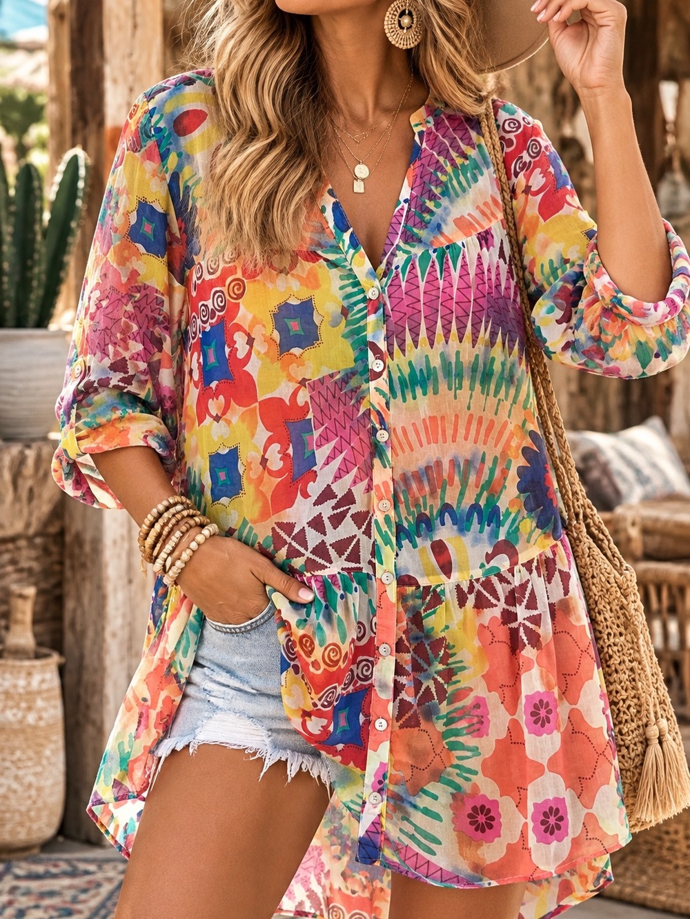 Ivy Jane Sheer Patchwork Print Button Front Tunic Top Small Boho Cotton Artisan